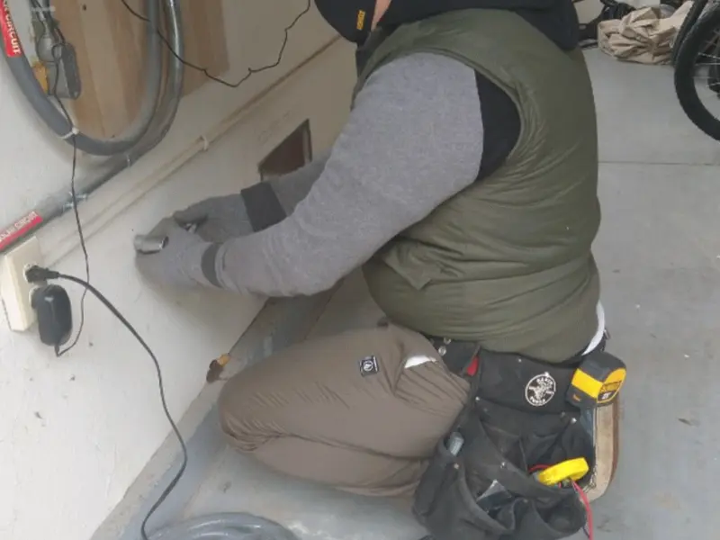 Electrician performing outlet wiring in a Delphi garage